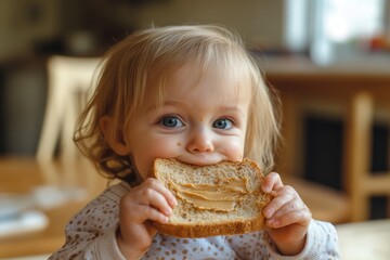 Baby With Peanut. Toddler Trying Finger Food - Wheat Toast with Peanut Butter for Allergy Exposure