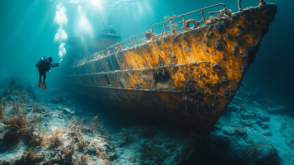 Scuba diver is exploring the bow of a large sunken shipwreck lying on the seabed