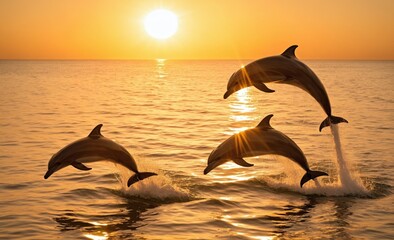 Group of Dolphins Jumping Out of the Water at Sunset in the Ocean