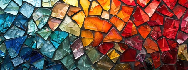 Colorful glass fragments arranged in a mosaic pattern, symbols set against a bright, contrasting background.