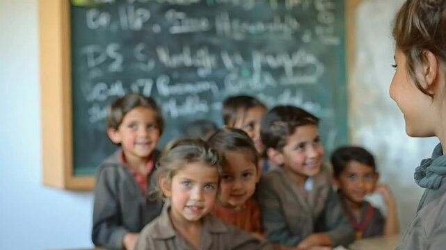 Teacher engaging with students in a classroom setting in a rural area
