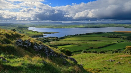 Naklejka premium Celtic Dog. Northern Ireland Panorama of Lower Lough Erne from Cliffs with Stunning Irish Farmland View