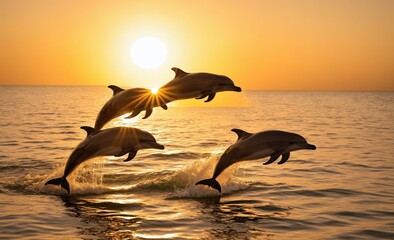 Group of Dolphins Jumping Out of the Water at Sunset in the Ocean