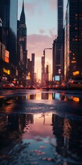 Obraz premium Vibrant Cityscape Reflecting Glowing Sunset in Puddle of Downtown Nighttime