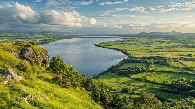 Celtic Dog. Panoramic View of Lower Lough Erne and Irish Farmland in Northern Ireland