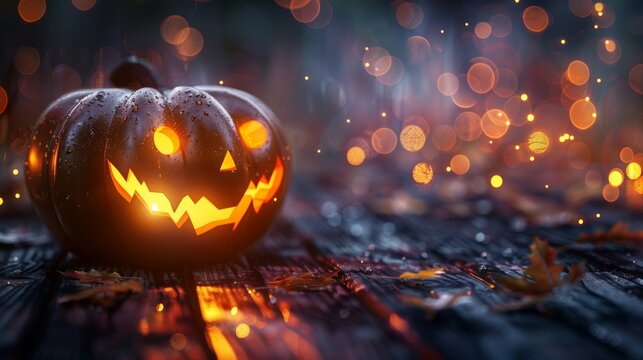 Haunting jack o  lantern illuminates grunge wood with dark bokeh for a spooky halloween vibe