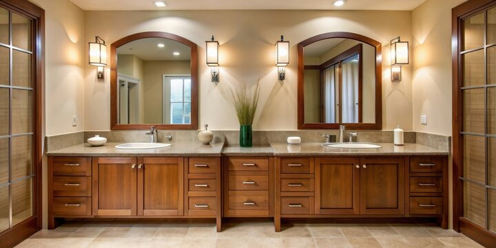 Modern bathroom with wooden cabinets, dual sinks, arched mirrors, and light background , contemporary, home, hotel