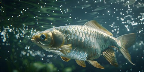 Fototapeta premium Platinum Arowana Fish Gracefully Swimming in Deep Bubbly Water
