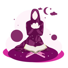 Cute muslimah purple girl praying with book at night modern noface design style vector illustration