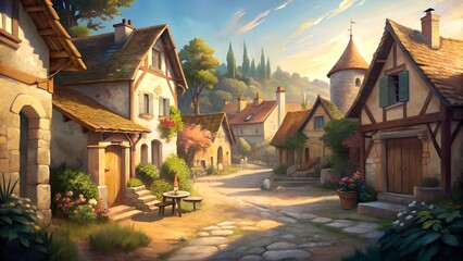 Obraz premium Picturesque Village in Countryside with Charming Cottages and Flowers in Morning Light