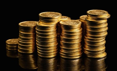Stacks of Shiny Gold Coins on a Reflective Black Surface