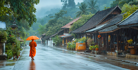 Fototapeta premium A monk in an orange robe walks along the road in Luang Prabang, 