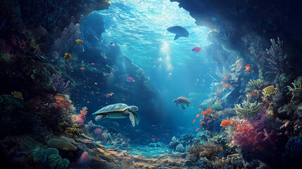 Fototapeta premium Sunlight filtering through the ocean illuminating colorful coral and fish, with two sea turtles swimming peacefully