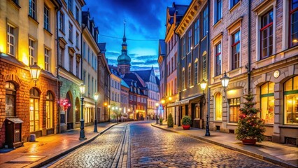 Fototapeta premium Colorful lights illuminate the streets of Riga at night , Riga, cityscape, Latvia, night, city lights, buildings, architecture