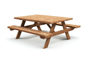 Outdoor Dining Graphic. 3D Rendering of Wooden Picnic Table with Benches Isolated on White Background