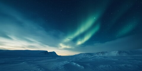 Naklejka premium Snowy Landscape with Vibrant Northern Lights in the Sky