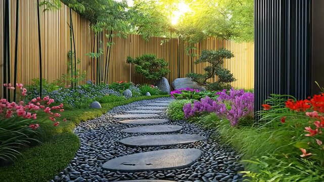 A tranquil Japanese garden featuring a winding stone pathway surrounded by lush greenery, vibrant flowers, and bamboo fencing. 