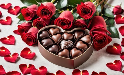 Heart-Shaped Box of Chocolates Surrounded by Red Roses for Valentine's Day