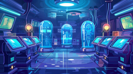 Obraz premium The Futuristic science lab with space aliens in cryogenic capsules, game background, Illustration