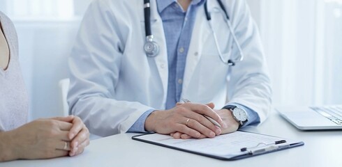 Fototapeta premium A doctor and a patient. The physician, wearing a white medical coat over a blue shirt, is filling out a medical record form during a consultation in the clinic. Medical service