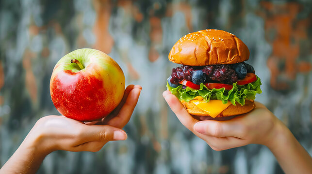 One hand holding fruit, other holding hamburger. Healthy natural organic fresh vegetarian food vs unhealthy processed fast junk food meat. Nutrition diet lifestyle, fitness eating choice