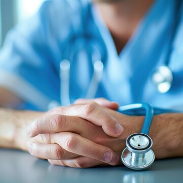 Medical professional in scrubs with a stethoscope, hands folded. Healthcare worker concept. Close-up shot for medical themes.