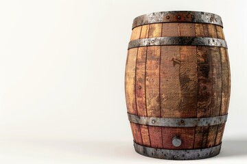 Obraz premium Old wooden barrel with rusty metal rings standing on a white background