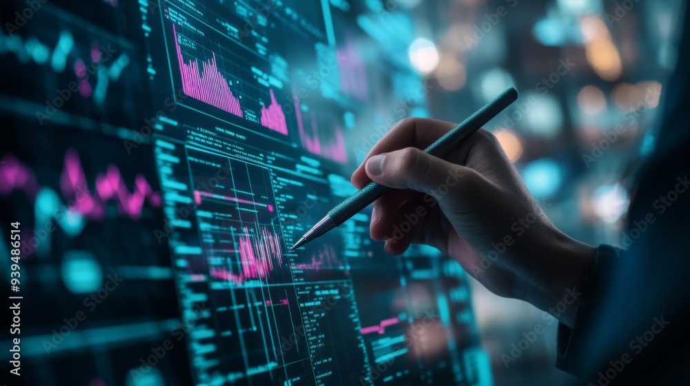 Poster Financial analyst with a digital pen drawing on a holographic graph projection