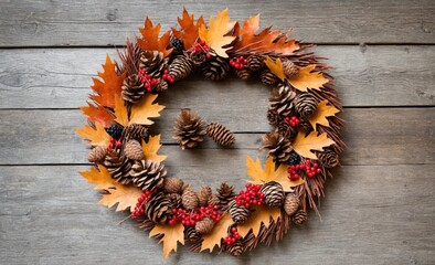 Rustic Autumn Wreath with Pinecones, Berries, and Leaves on Wooden Background