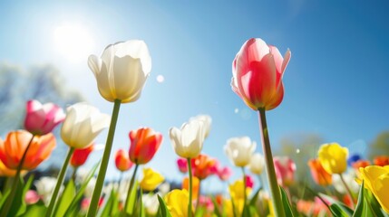 Vibrant spring tulip field in full bloom under a sunny blue sky, showcasing colorful flowers in natural outdoor setting.