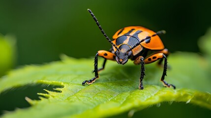 Fototapeta premium Urban, natural aesthetics, aesthetic inspiration, insect, beetle, bug, macro, nature, ladybird, ladybug, red, animal, fly, green, leaf, black, isolated, summer, close-up, closeup, pest, spring, small