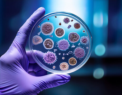hand holding lab slide showing microscopic images monkeypox viral structures