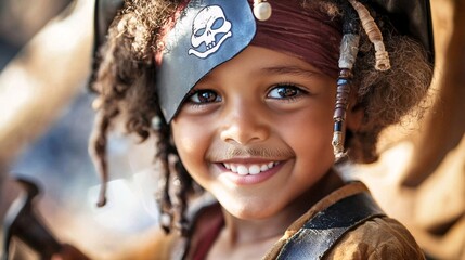 Fototapeta premium Cheerful Child Dressed as Pirate with Eye Patch and Toy Sword Smiling at Camera