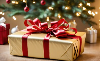 Wrapped Christmas Gift with Red Bow in Front of Decorated Tree