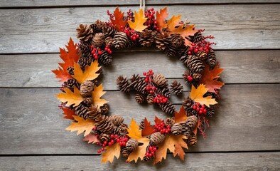 Rustic Autumn Wreath with Pinecones, Berries, and Leaves on Wooden Background