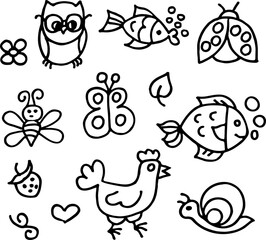 stylized black and white images of various animals, hand-drawn