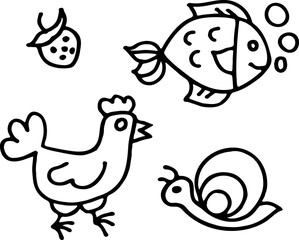 stylized black and white images of various animals, hand-drawn