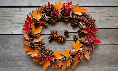 Rustic Autumn Wreath with Pinecones, Berries, and Leaves on Wooden Background