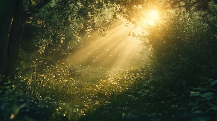 Obraz premium Golden rays of sunlight pierce through the dense foliage in a tranquil forest, illuminating a path covered in soft greenery and delicate flowers at dawn