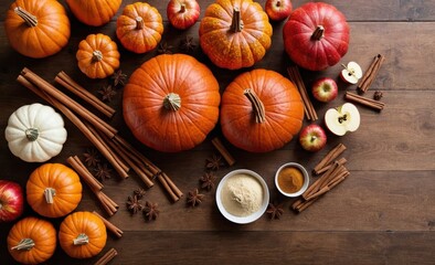 Assorted Pumpkins and Spices Arranged for Autumn Baking on a Wooden Table