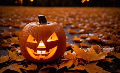 Glowing Halloween Pumpkin Jack-O'-Lantern with Carved Face Amidst Fallen Autumn Leaves