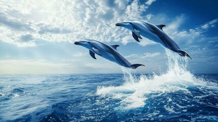 Obraz premium Open Ocean with Playful Dolphins Jumping