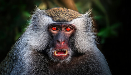 aggressive monkey vivid red eyes seen natural habitat dim lighting