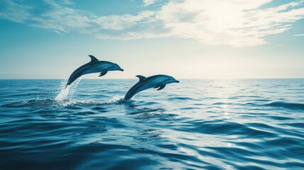 Open Ocean with Playful Dolphins Jumping