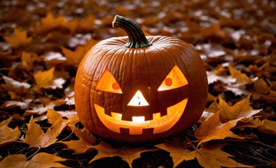Glowing Halloween Pumpkin Jack-O'-Lantern with Carved Face Amidst Fallen Autumn Leaves