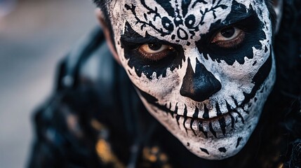 Mysterious Man in Skeleton Costume with Eerie Grin and Intricate Face Paint
