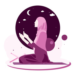 Cute muslimah purple girl praying seriuously side view at night modern noface design style vector illustration