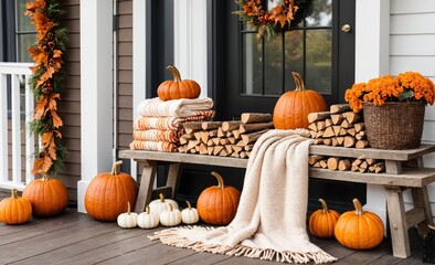 Cozy Autumn Front Porch Decor with Pumpkins, Firewood, and Blankets