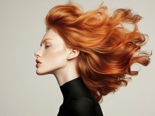 Fototapeta premium Stunning Portrait of Woman with Flowing Red Hair and Freckles in Studio