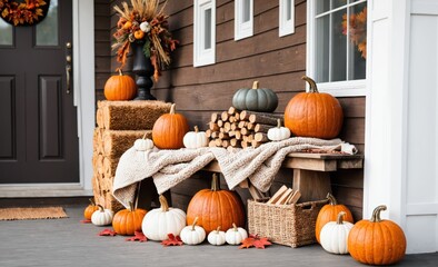 Cozy Autumn Front Porch Decor with Pumpkins, Firewood, and Blankets